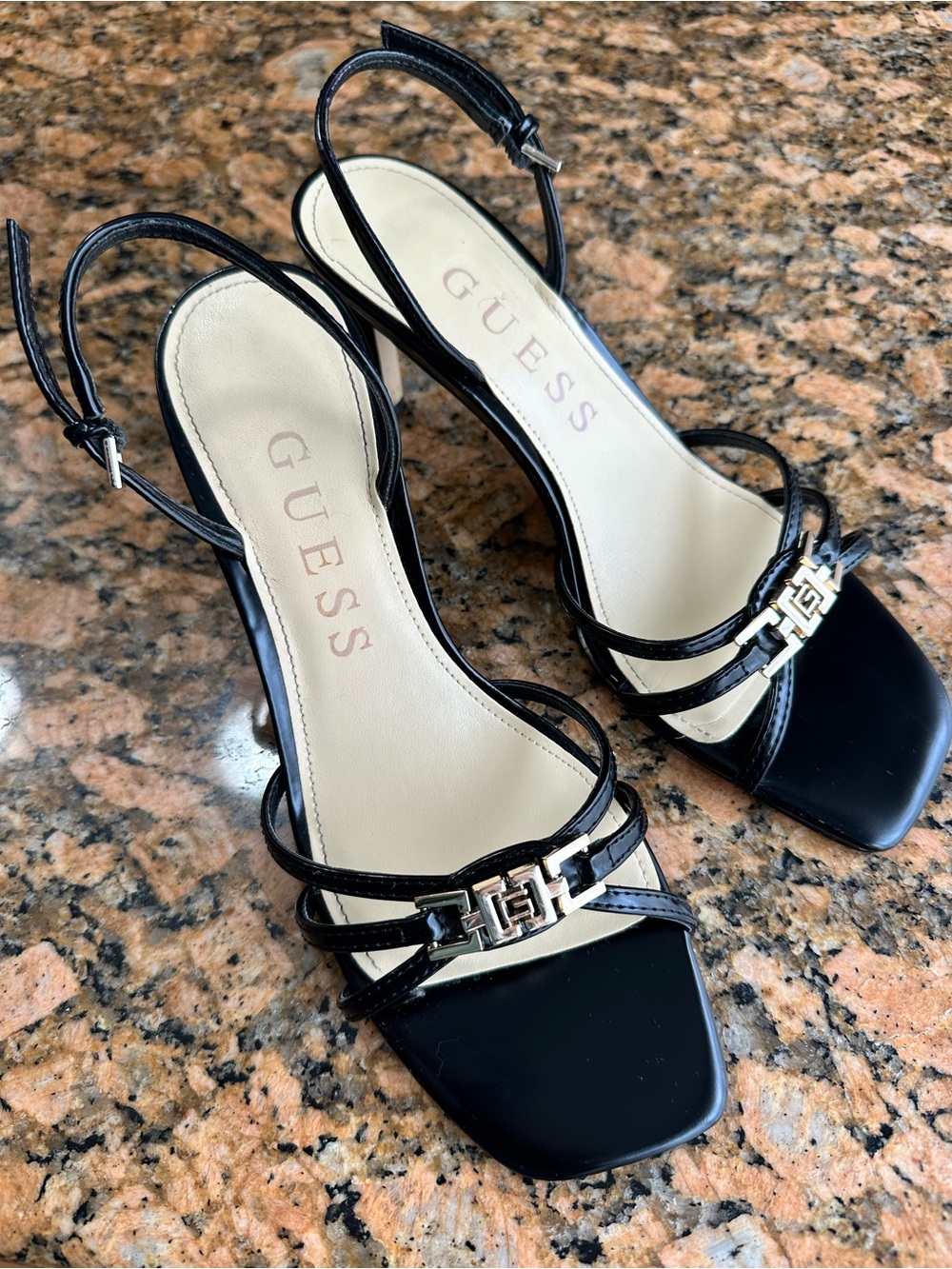 GUESS Strappy Black Gold hardware kitten heels sandals